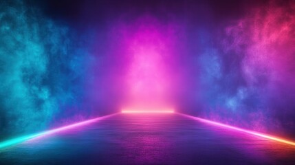Concert stage background with blue and purple fog neon lights smoke mist abstract scene nightlife music festival