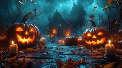 Naklejka premium Spooky Halloween Scene with Carved Jack O Lantern Pumpkins and Glowing Faces in Dark Misty Atmosphere