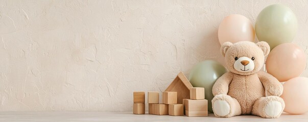 A cozy and playful scene featuring a teddy bear, wooden blocks, and pastel balloons, perfect for children's decor and celebrating childhood joy.