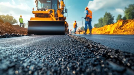Asphalt Road Construction Teamwork Workers Laying Hot Asphalt Gravel Repairing Road Surface at Construction Site