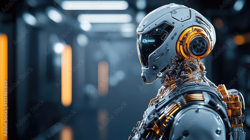Poster futuristic robot with intricate design in a modern corridor.