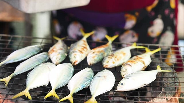 Grilling Mackerel in Bang Saen Market