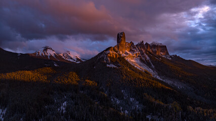OCTOBER 12, 2023, RIDGWAY, CO., USA - sunset view of Cimarron Mountains near Ridgway Colorado in autumn with fresh snow - "Court House" view