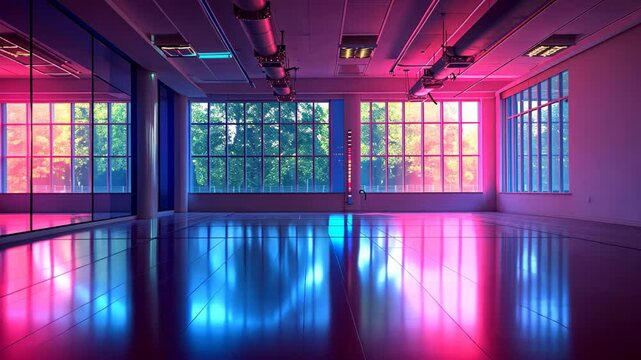 An expansive and unoccupied room showcasing numerous windows, allowing ample natural light to flood the space, A dance studio within a gym set for a zumba class