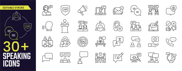 Speaking Editable stroke icon collections. Containing speaking, dialogue, human, man, community, communication, training, meeting, chat, and voice icons. Editable Stroke icon collection Outline icon