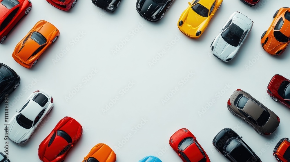 Poster Various miniature car models are neatly arranged on a white background, showcasing an assortment of colors and styles with space for additional text. Generative AI