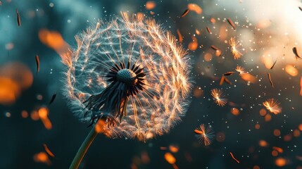 A beautiful close-up of a dandelion puff releasing its seeds into the gentle breeze, surrounded by a dreamy background.