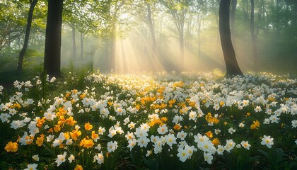 Obraz premium A serene forest scene filled with blooming white and yellow flowers, illuminated by soft sunlight.