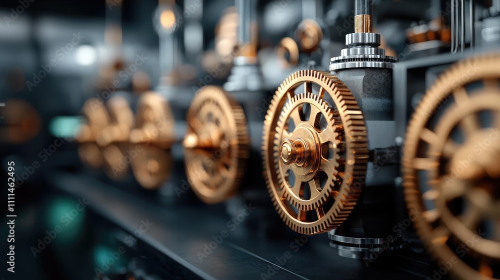Poster close-up of intricate gears and mechanisms in a modern machine.