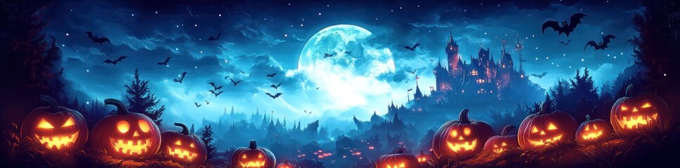 Fototapeta premium Halloween Landscape Full Moon Scary Castle Night Sky with Bats Graveyard Jack O Lanterns Pumpkins