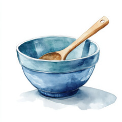 watercolor illustration of blue mixing bowl with wooden spoon