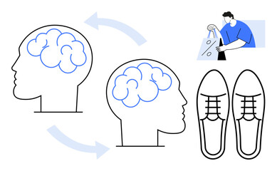 Two human profiles with brain outlines connected by arrows, symbolizing decision making. Man holding bags, pair of shoes above, Ideal for psychology, neuroscience, decision making, advertising