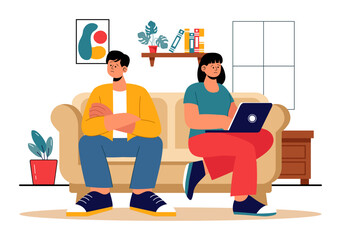 Relationship Tension Vector Illustration featuring a Young Couple Arguing and Sitting Separately, Expressing Disagreement in a Flat Cartoon Background