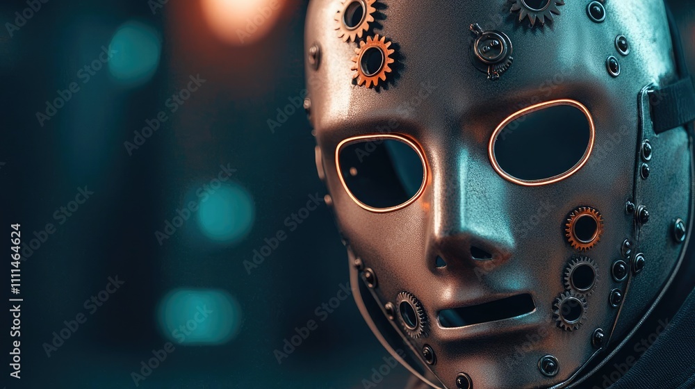Poster futuristic robot face with gears on dark background, making a technological statement.