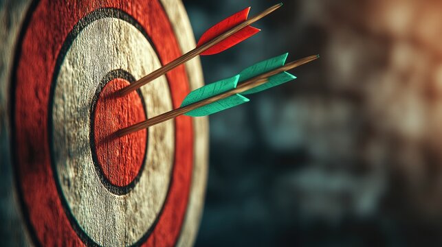 SEO relevance concept. Archery target with arrows embedded, symbolizing focus and achievement.
