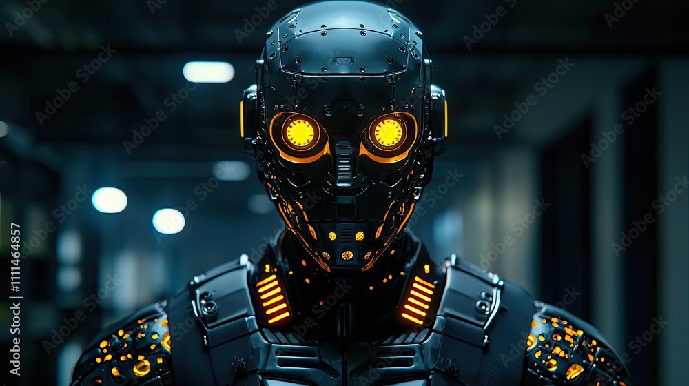 Poster futuristic robot with glowing features, dark and shiny design