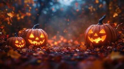 Spooky Halloween Scene with Glowing Jack-o'-Lanterns Autumn Leaves Night Landscape