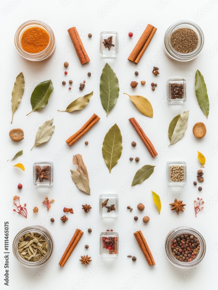 Aufkleber An assortment of colorful spice jars, bay leaves, and cinnamon sticks enhances the white surface, creating an aromatic display with text space. Generative AI