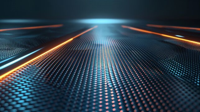 Orange glowing lines are illuminating a futuristic metallic grid surface, leading towards a bright light source in a dark environment