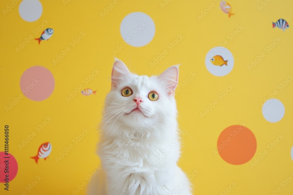 Poster a fluffy white cat gazes up at colorful fish circles that dance around its head against a vibrant ye