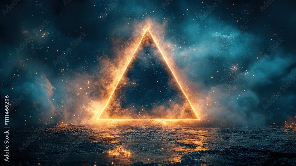Poster glowing triangle shape amidst ethereal clouds and cosmic particles in a dark fantasy setting with dy