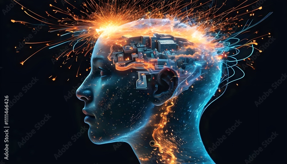Poster human head in profile blending with space and geometry surrounded by energy and light highlighting b