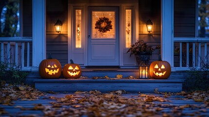 Lit Jack O Lanterns Adorn Porch Steps Autumn Night