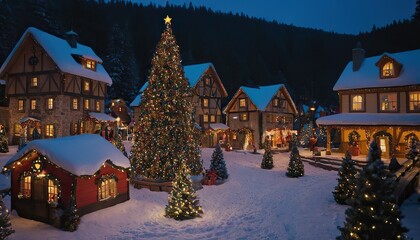 Fototapeta premium Christmas decorated house and tree on snowy evening 45678