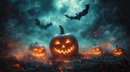 Naklejka premium Spooky Halloween Scene with Glowing Jack O Lanterns in Misty Night Landscape with Bats and Glowing Pumpkins