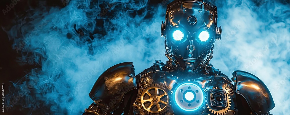 Poster futuristic robotic figure with glowing elements in a misty environment.
