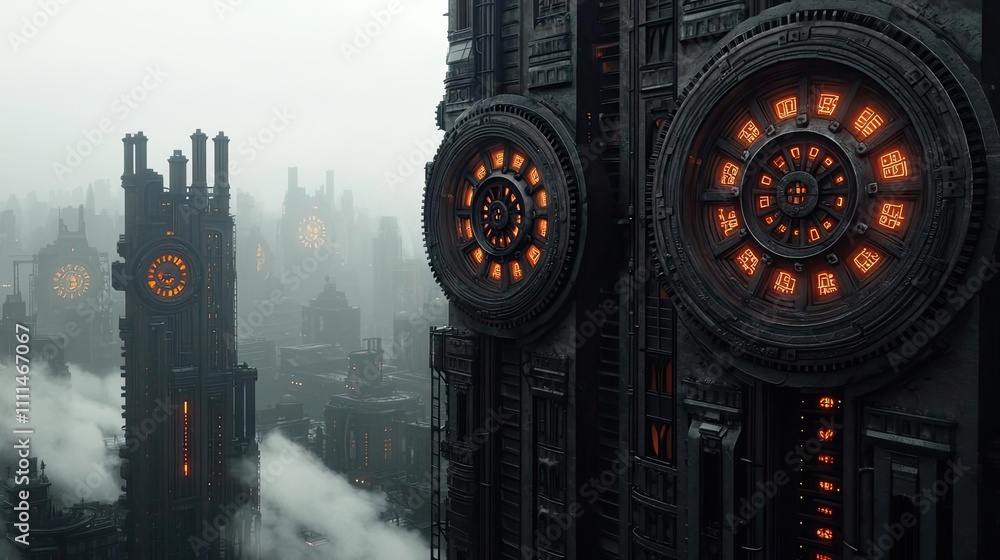 Poster futuristic cityscape with towering structures and glowing elements under a foggy sky