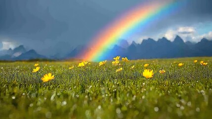Rainbow Arcs Over Yellow Flowers In A Green Field