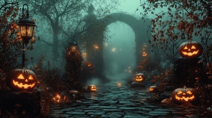 Spooky Halloween Scene with Jack O Lanterns and Vintage Lanterns in Foggy Night Landscape