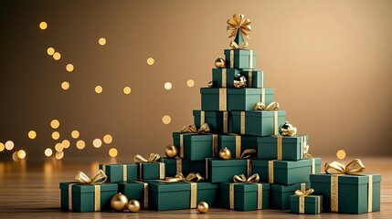 A festive arrangement of teal and gold wrapped presents stacked in a pyramid shape, decorated with a large bow, set against a warm bokeh background.