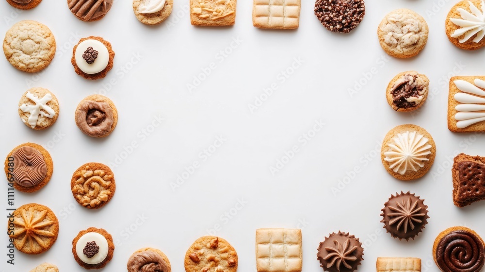 Poster a variety of colorful and decorative cookies and sweets are arranged in a circular pattern on a whit