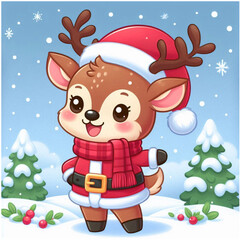 크리스마스에 산타 옷을 입은 귀여운 꽃사슴