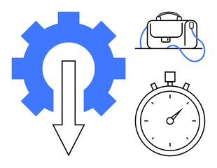Gear with downward arrow symbolizing efficiency, briefcase for business, stopwatch for time management. Ideal for productivity tools, business planning, efficiency strategies, project management