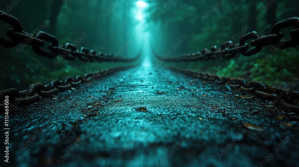 Poster serene pathway through misty forest with chains lined along the way, creating an atmosphere of myste