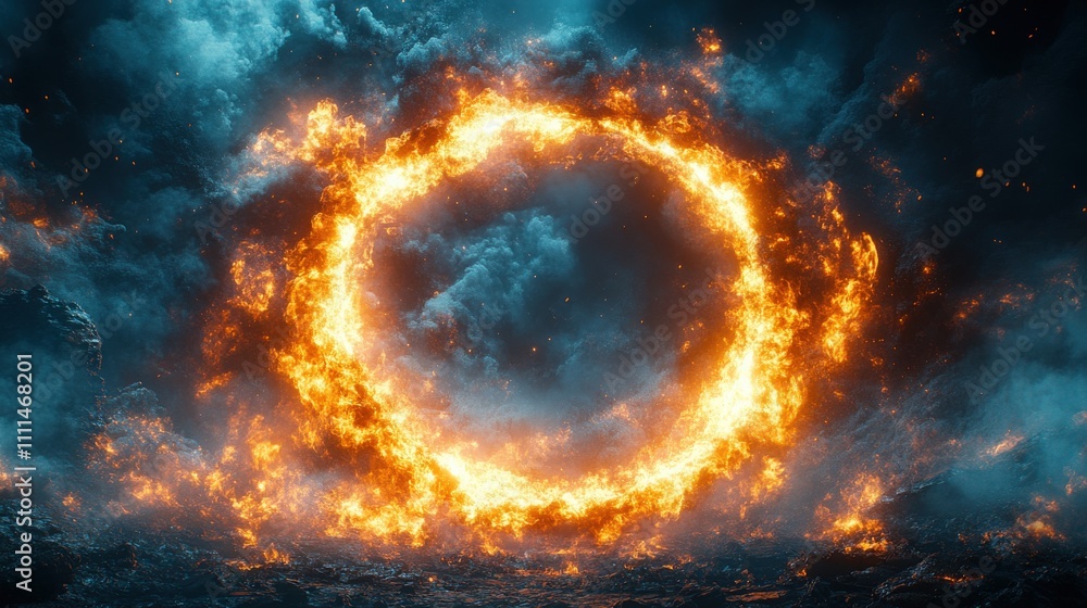 Poster stunning fiery portal surrounded by dark clouds and brilliant flames, creating a mysterious and capt