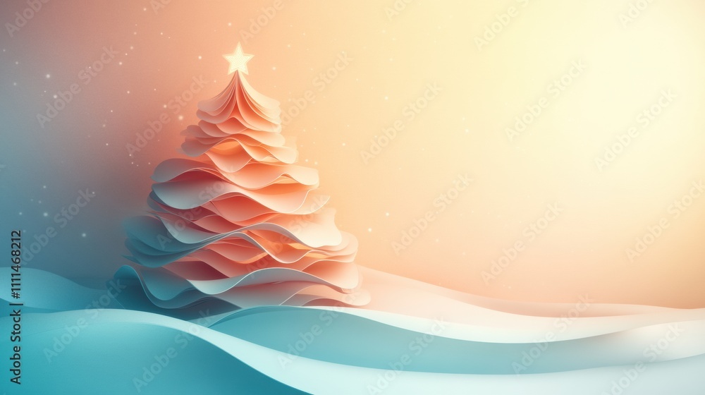 Poster Layered 3D paper Christmas tree stands elegantly against a soft, colorful background, offering blank space for adding custom text or wishes. Generative AI
