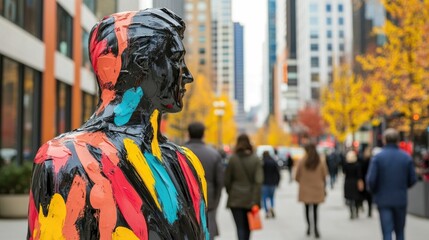 Colorful and contemporary public art installations are prominently displayed along the bustling streets of a lively downtown area highlighting the city s cultural and vibrancy