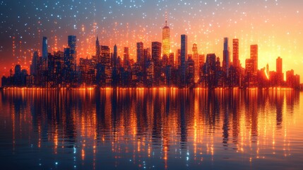 Fototapeta premium Stunning Sunset Reflections Over a Vibrant City Skyline Surrounded by Twinkling Lights and a Serene Water Surface at Dusk