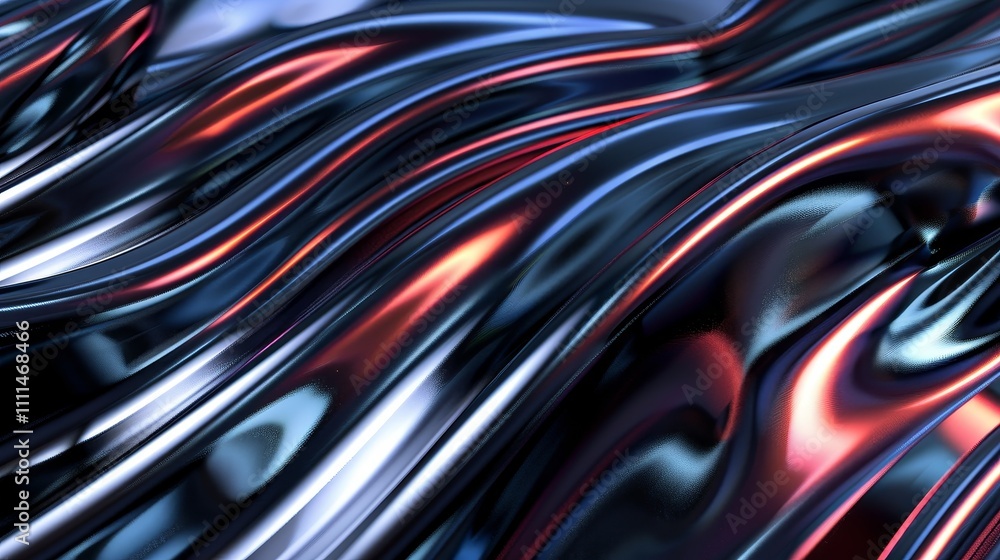 Poster flowing metallic liquid surface reflecting red and blue lights, creating an abstract and futuristic 