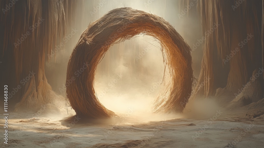 Poster a mystical circular gateway made of twigs and branches surrounded by ethereal light in a foggy fores