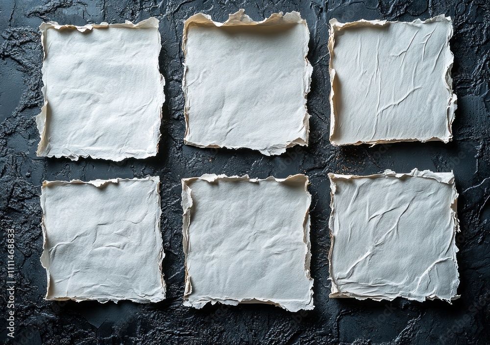 Poster torn white paper frames on dark gray background with texture and contrast