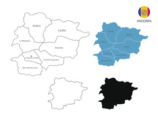 4 style of Andorra map have all province and mark the capital city of Cambodia. By thin black outline simplicity style and dark shadow style. Vector Illustration