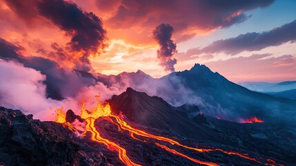 Fototapeta premium Lava flowing from a volcano under a dramatic sunset sky.