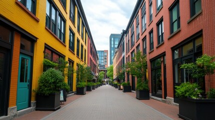Fototapeta premium Vibrant Urban Featuring Local Shopping Streets and Colorful Public Art Displays in a Modern City Landscape Discover the Unique Charm and Character of this Pedestrian Friendly Downtown Neighborhood