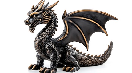 Obraz premium Majestic Black Dragon Figurine Fantasy Creature Statue Mythical Beast Bronze Decor