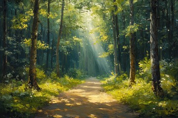 Fototapeta premium Woman Walking Dog on Serene Forest Path Surrounded by Nature